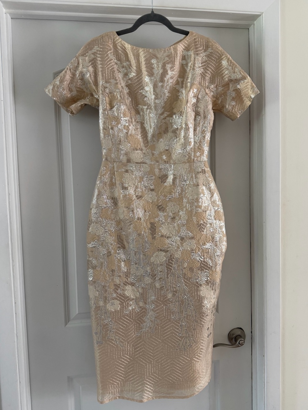 Elegant Beige Metallic Floral Sheath Dress